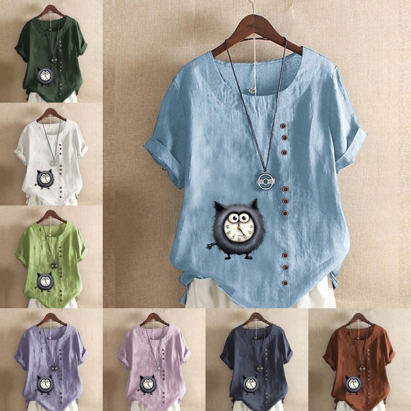Women's Fashion Alarm Clock Cat Prined Short Sleeve T-shirt Loose Cotton Shirt Casual Loose Summer Blouse Tops Plus Size
