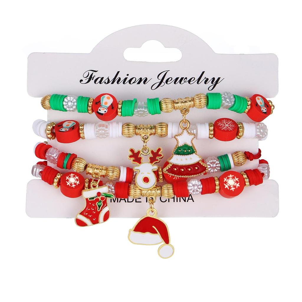 Christmas Polymer Clay Bead Bracelet Set: Santa Claus, Reindeer, and Tree