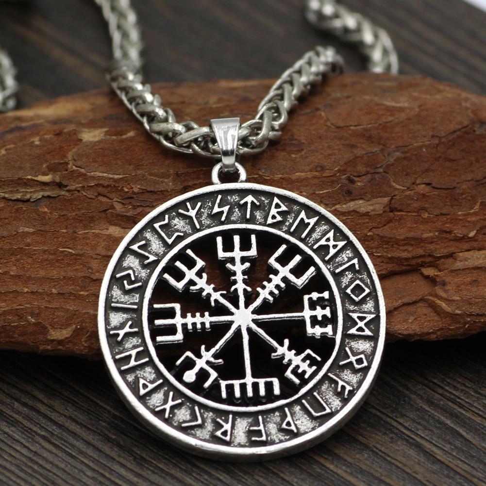 Viking Icelandic Helmet Horror In Runic Circle Pendant Magical Staves Compass Rune Amulet Necklace