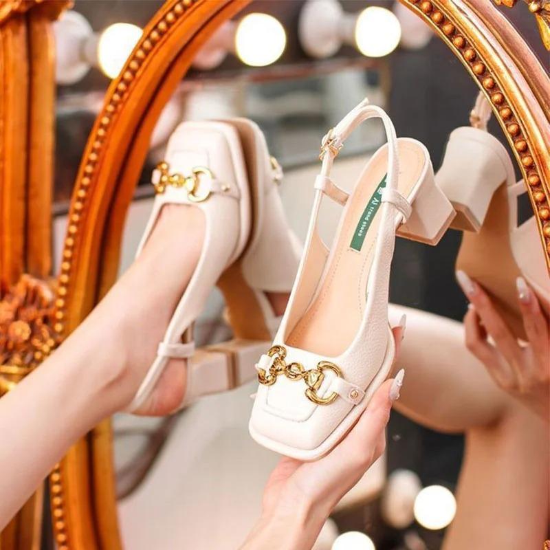 Women Mid-heel 5.5CM New Summer French Style Back Empty Female Thick Heel Square Toe Mary Jane Shoes