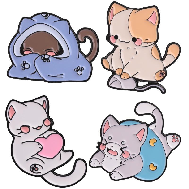 Kawaii Cat Badges Cute Cartoon Kitten Enamel Pin Funny Heart Mouse Yarn Ball Backpack Brooch Animal Accessories