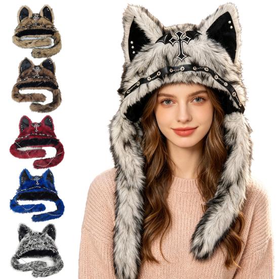Warm Winter Hat Cute Plush Animal Hat, Furry Cat Ear Headwear, Unique Cosplay Accessories Soft Cap for Halloween Party Costume, Holiday Theme