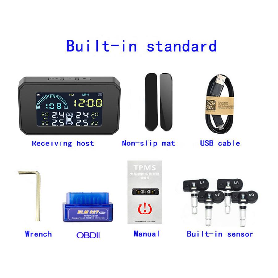 Wireless TPMS OBD2 HUD Solar Tire Pressure Monitoring System W/4 Internal Sensor
