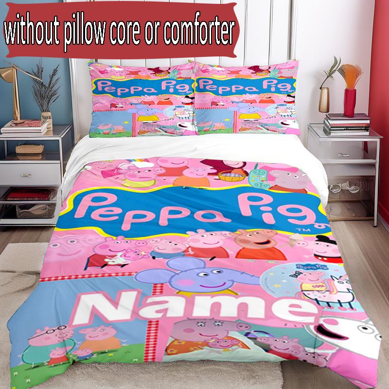 3pcs Duvet Cover Set (1*Duvet Cover + 2*Pillowcase, Without Core), Custom Name Peppa Pig Pattern Bedding Set, Home Bedroom Decor Gift