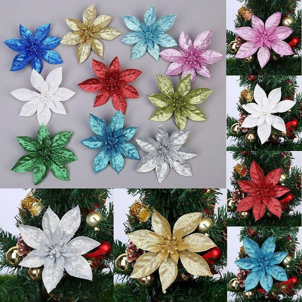 Merry Christmas Xmas Tree Decorations Poinsettia Glitter Flower Christmas Flowers Fake Flowers