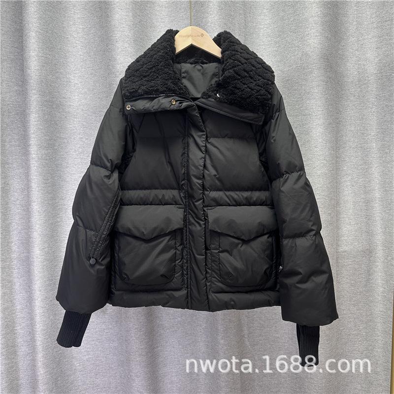 Lapel lamb down jacket women's new ribbed sleeves white duck down warm medium and long coat tide