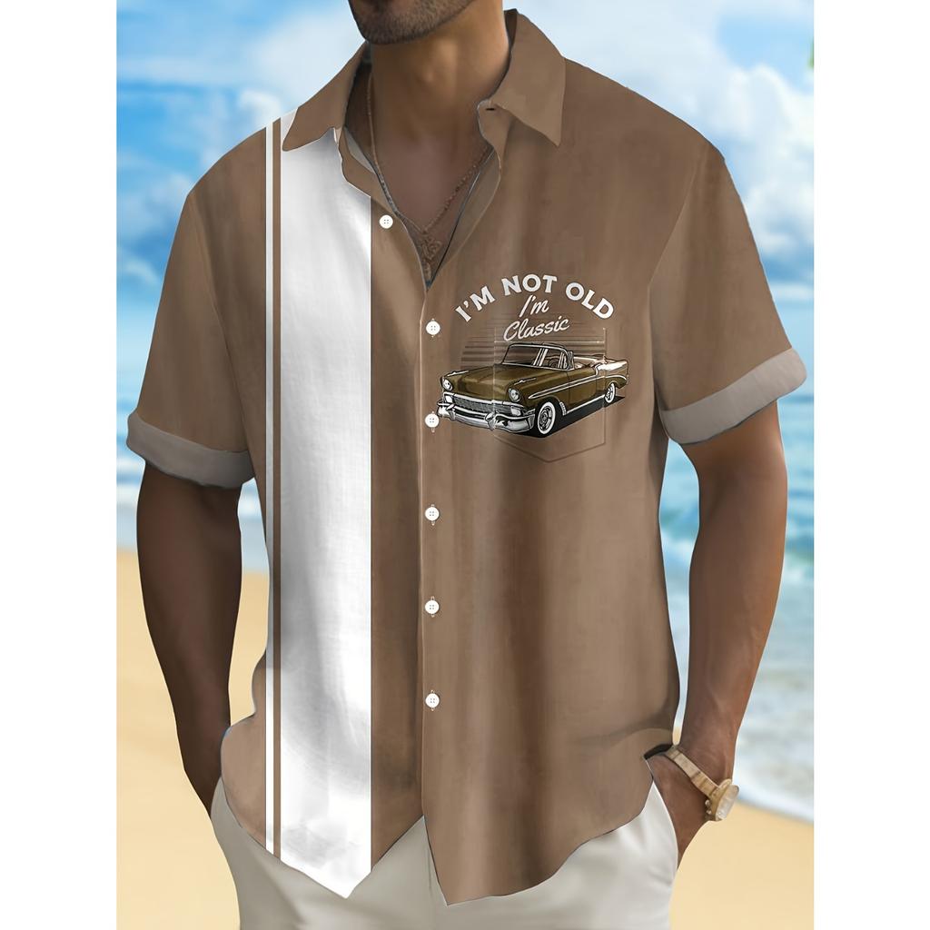 Винтажная рубашка с контрастным полосатым принтом в виде старинного автомобиля, мужская рубашка больших размеров с карманом на пуговицах