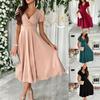 Tooxika New Commuter Solid Color V-neck Waist Puff Sleeves Swing Dress