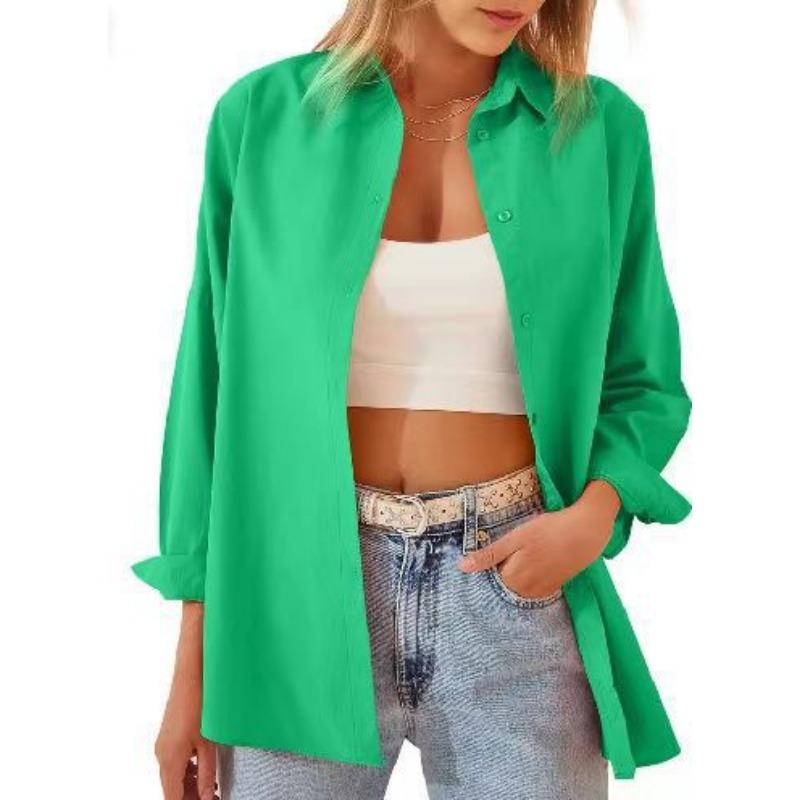 Autumn Fashion Loose Candy Colored Long Sleeved Cardigan Button Up Shirt Top Blouses & Shirts