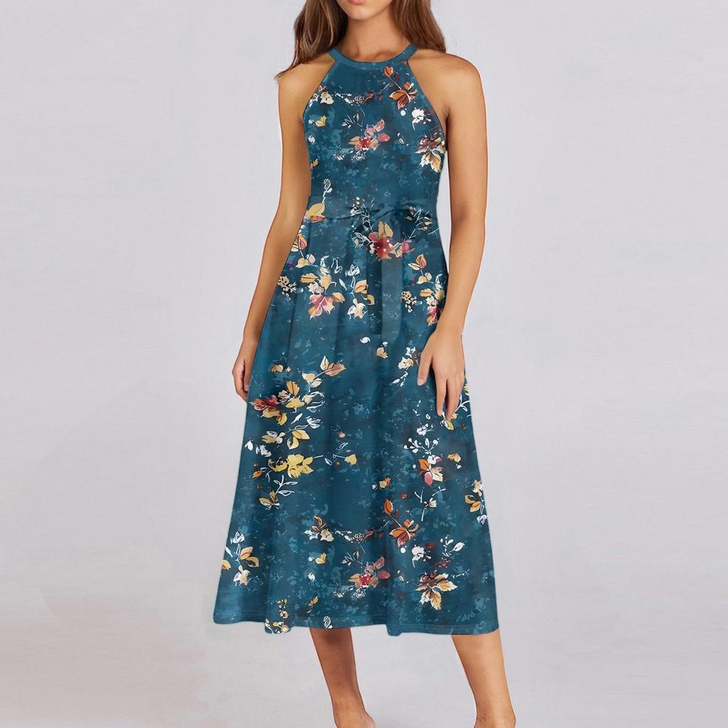 Женское повседневное платье миди с круглым вырезом, классическое, повседневное, без рукавов, свободное платье в стиле бохо с завязками, летний пляжный сарафан