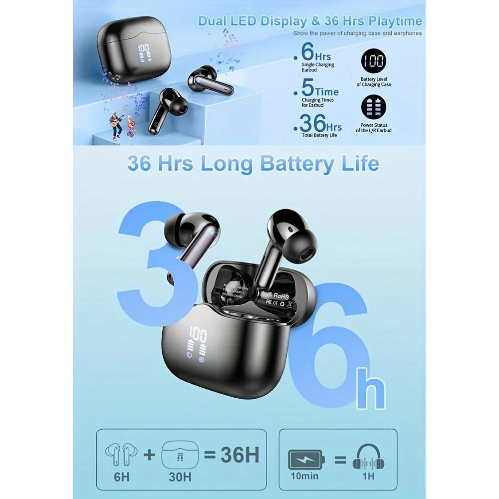 UYUXIO Wireless Earphone 40dB Noise Cancelling Bluetooth 5.3 Headphone ENC with LED Display HD TWS Earbuds Transparency Mode