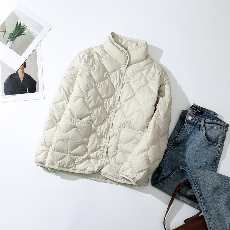 Women Ultralight Down Jacket Autumn Winter Outwear Casual Argyle Stand Collar Simple Coat Korean Style
