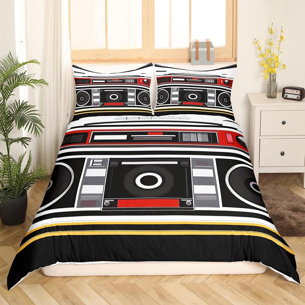 Cartoon Black Record Duvet Cover Set Retro Record Comforter Cover for Boy Girl Music Theme Bedding Set Queen King Duvet Covers