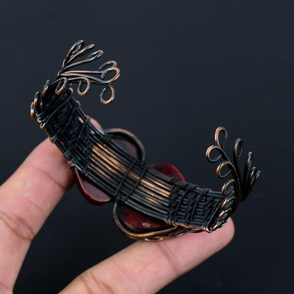 Red Flash Labradorite Gemstone Pure Copper Wire Wrapped Handmade Cuff/ Bangle Jewelry For Gift
