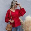 Women Spring Summer Casual Blouse Top Shirt V-Neck Long Puff Sleeve Slim Chiffon Solid Red S M L XL