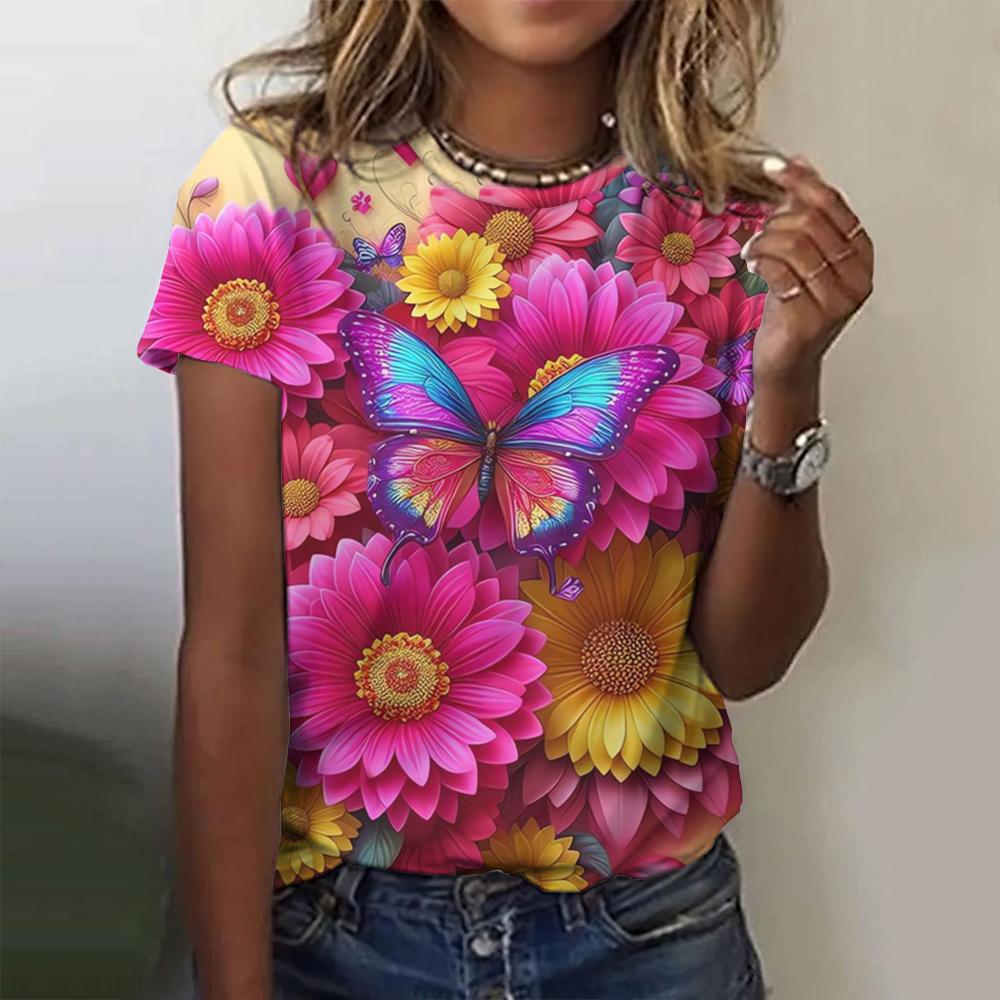 2024 Fashion Woman T Shirt 3d Butterfly Print Crew Neck Short Sleeve Tee Luxury Female T-Shirts Oversized Y2k Clothing For Girls