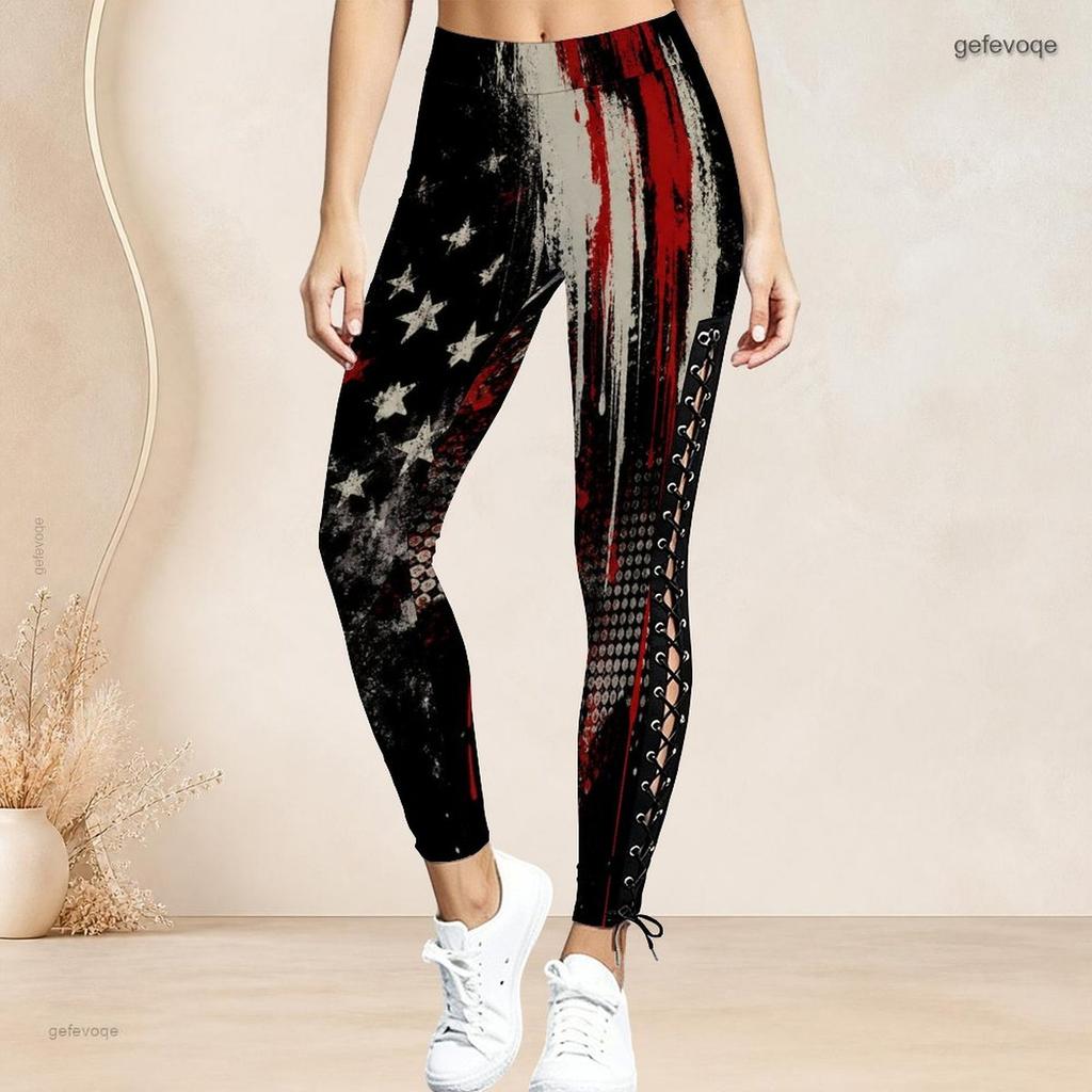 Women Plus Size High Waist Abstract Printed Leggings Side Eyelet Lace Up Full Length Fitted Pants