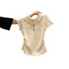 Korean polo shirt front shoulder lapel color button-down short-sleeved T-shirt women's summer fungus edge pleated waist thin top