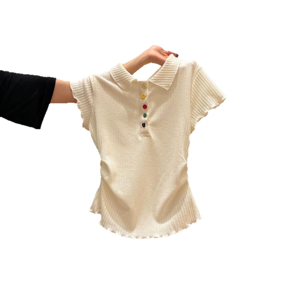 Korean polo shirt front shoulder lapel color button-down short-sleeved T-shirt women's summer fungus edge pleated waist thin top