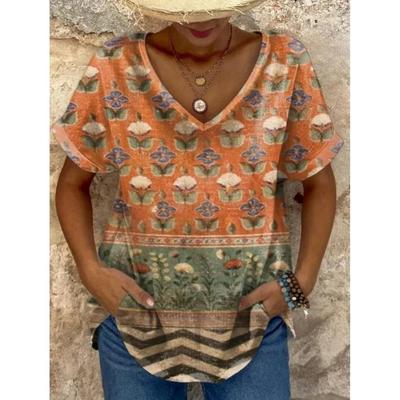 Этническая женская футболка с винтажным цветочным принтом, модная, с короткими рукавами и V-образным вырезом, обычные топы с принтом на каждый день, летние повседневные топы