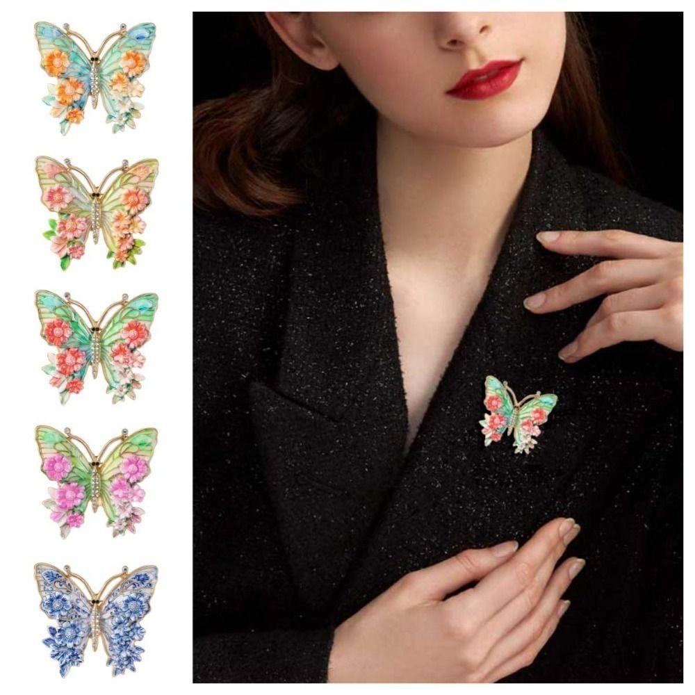 Enamel Big Flower Butterfly Brooches Rhinestone Enamel Lapel Pin Cloisonne Butterfly Badge Lady