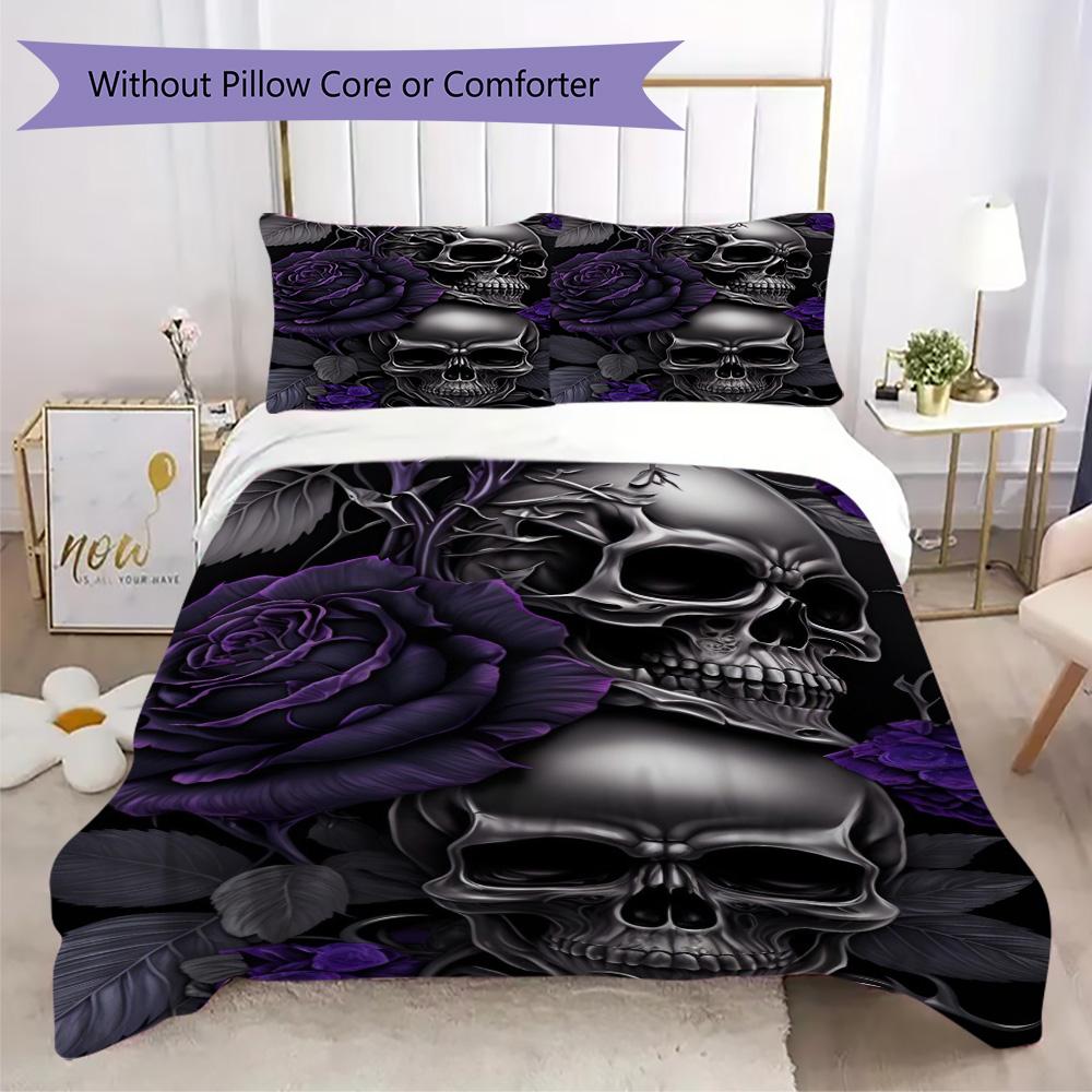 Purple skull and roses Pattern Bedding,Quilt Set Quilt Cover Pillowcase Home Birthday Gift (1*duvet cover+2*pillowcase,without core)SSJT0917587