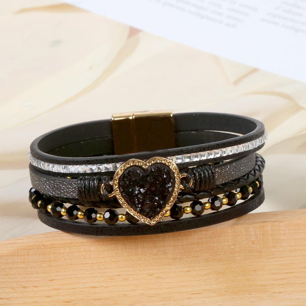 Leather Bracelet PU Beaded Bracelet Heart-Shaped Gemstone Multi-Layer Braided Wrist Jewelry Gifts