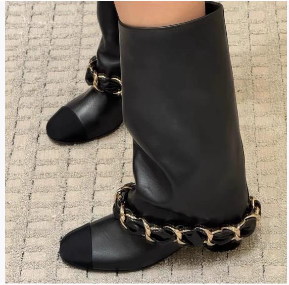 Fashion 2025 Newest Classic Chain Mid-calf Boots Mixed Colors Round Toe Block Chunky Heeled Slip On Black Fashion Women's Modern Boots
