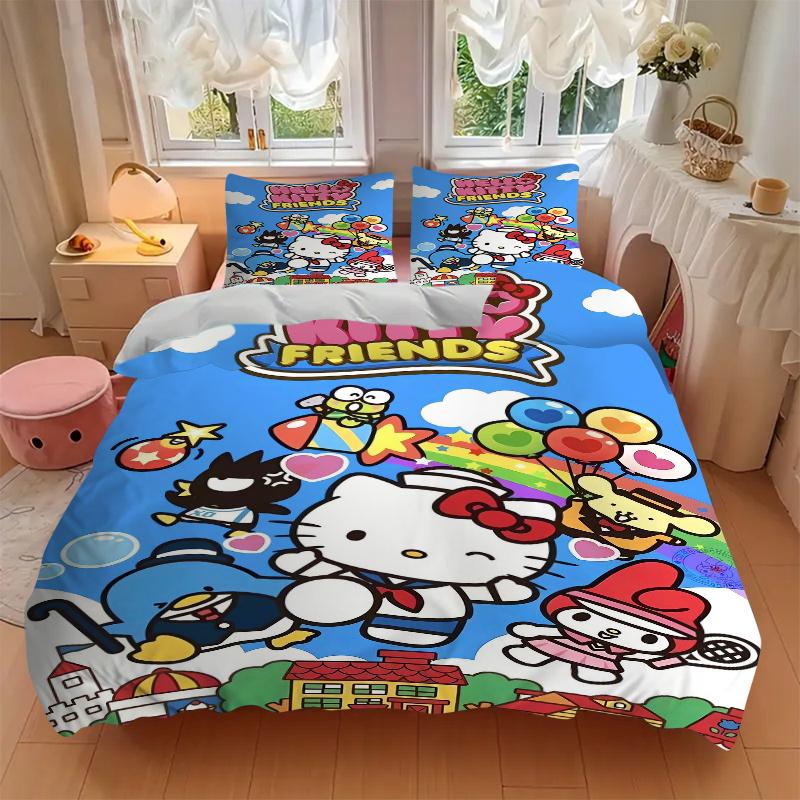 3 шт. Живописный набор постельного белья с рисунком друзей Hello Kitty, трехсекционный (1 Наволочка + 2 Наволочки, Без Наполнителей), Мягкий и удобный W055