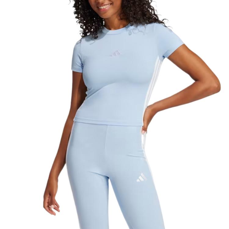 Adidas Женская футболка Essentials с тремя полосками, тонкая, для малышей, сияющая, синяя/белая, женская уличная одежда JE1241