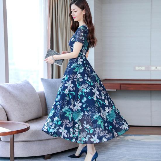 Женское летнее платье с цветочным принтом, пляжное платье длиной до середины икры с узкой талией, короткими рукавами, круглым вырезом, платье А-силуэта для вечеринки в отпуске