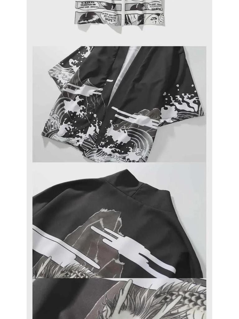 Унисекс японский ретро-кимоно-кардиган Ukiyoe - темный, свободный крой, рукав 3/4