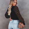 Женская весна-осень с пышными рукавами и U-образным воротником, кружевной полый пуловер, футболка, топ
