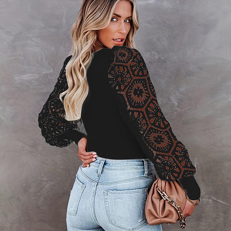 Женская весна-осень с пышными рукавами и U-образным воротником, кружевной полый пуловер, футболка, топ