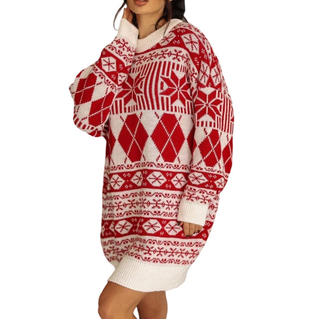 Women's Christmas Snowflake Round Neck Knit Dress