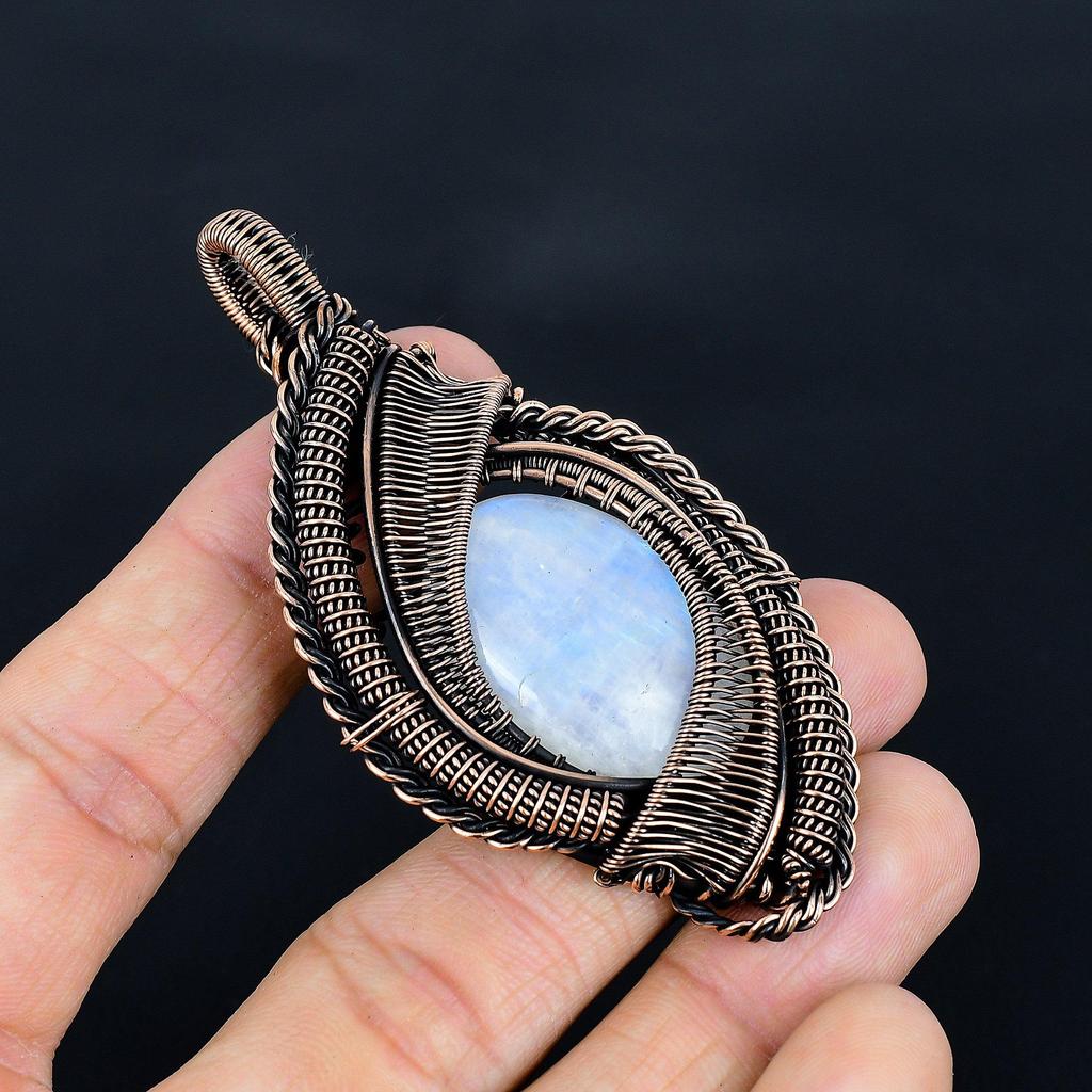 Кулон из Радужного Лунного Камня, Кулон Ручной Работы из Драгоценного Камня, Оплетенный Медной Проволокой 999 пробы, Антикварное Украшение, Для Подарка, Медное Украшение