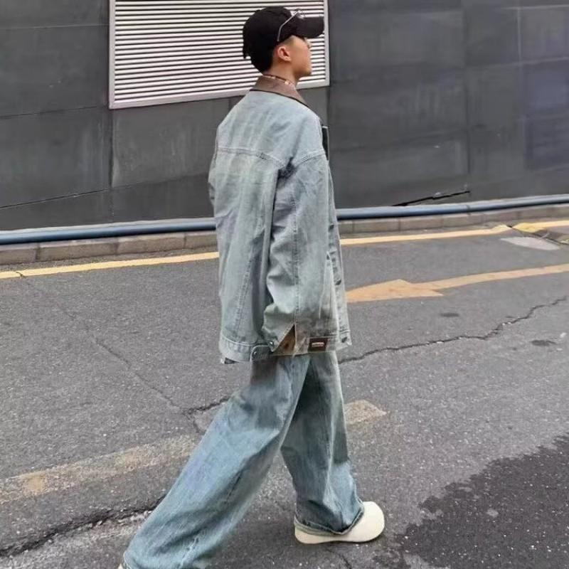 Vintage Style PU Leather Patchwork Denim Jacket Unisex Oversized Streetwear Workwear Coat Fall