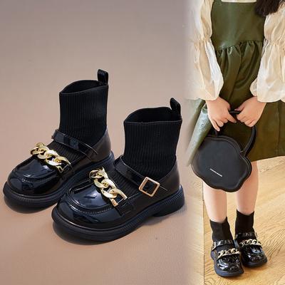 Корейская версия новых детских ботинок, британский стиль, вязаные носки, ботинки, модная цепочка, иностранный стиль, принцесса, кожаные ботинки