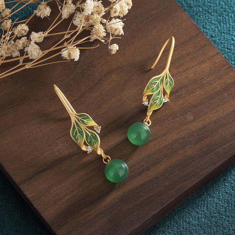 Green Jade Drop Dangle Earrings Boho Gemstone Leaf Design Hook 18K Gold Plated