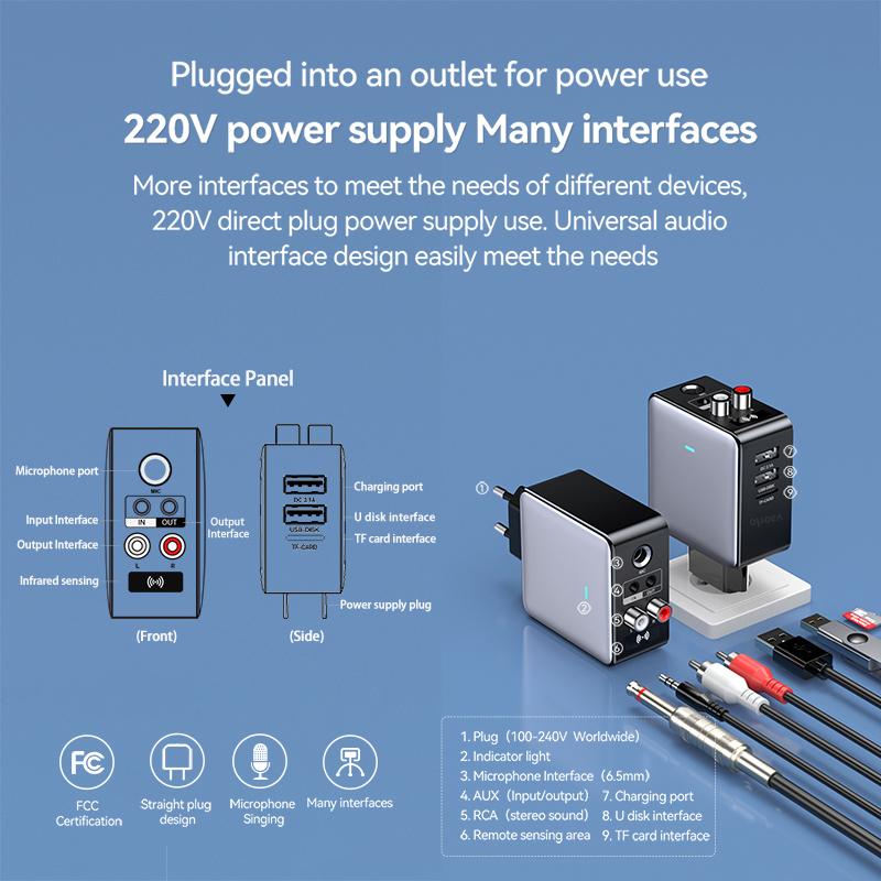 VAORLO Адаптер приемника-передатчика Bluetooth 5.3 3 в 1, вилка европейского стандарта, США, поддержка QC3.0, поддержка быстрой зарядки, выход микрофона с пультом дистанционного управления