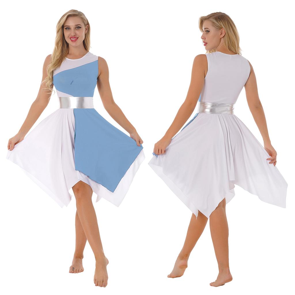 Асимметричное платье-туника для хвалы для девочки, лирическая танцевальная одежда, платье с цветными блоками для выпускного вечера