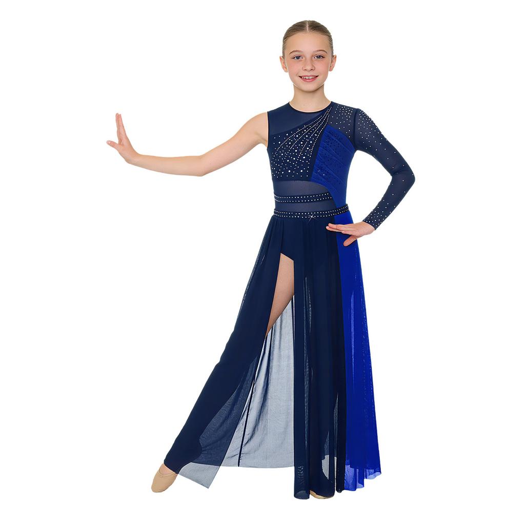 Kids Girls Dance Competition Dress: Color Block Patchwork Side Split Mesh with Shiny Rhinestones & Back Invisible Zipper for Lyrical Performance