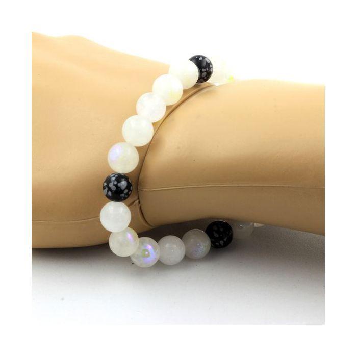 Pierres et Minéraux. Bracelet Perles Pierre de lune + Obsidienne Flocon de Neige 8 mm. Fabriqué en France.