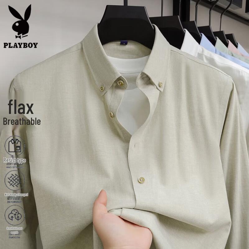 PLAYBOY Мужская дышащая рубашка из смесовой хлопково-льняной ткани