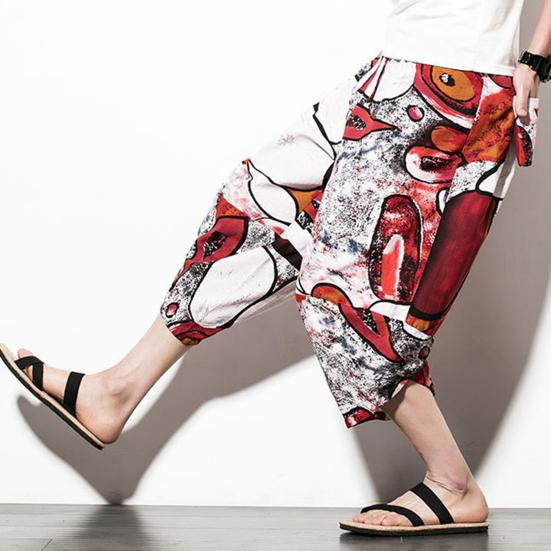 Штаны-алладины с завышенной талией, эластичный пояс на шнурке, карманы, укороченные, этнический стиль, ретро-принт