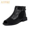Sandals Women Hollow Summer Genuine Leather Mesh Women Sandals Open Toe Large Size Low-heel Sandals Ladies Black