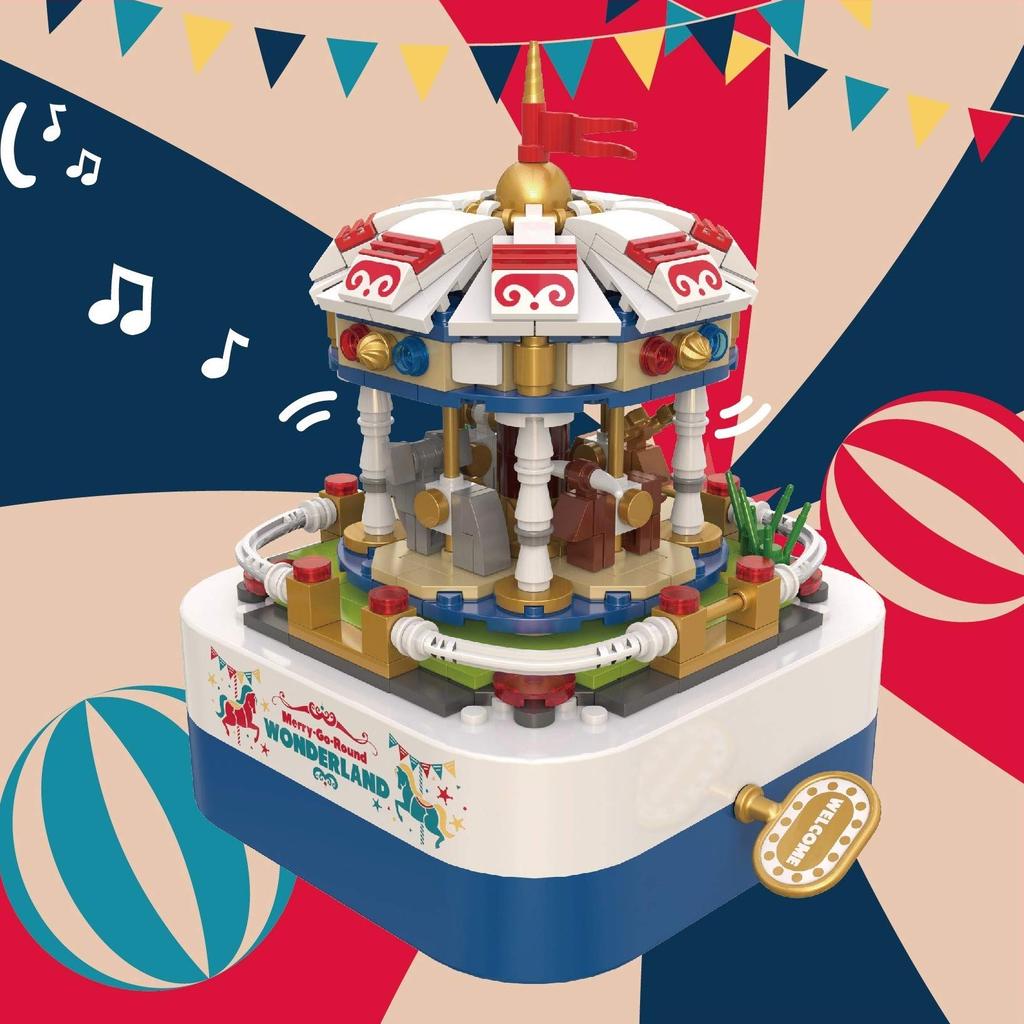 ROBOT PLAZA Assembly Block Toy Music Box Children Boys Girls Educational Toy Merry-Go-Round Birthday Gift (Merry-Go-Round)