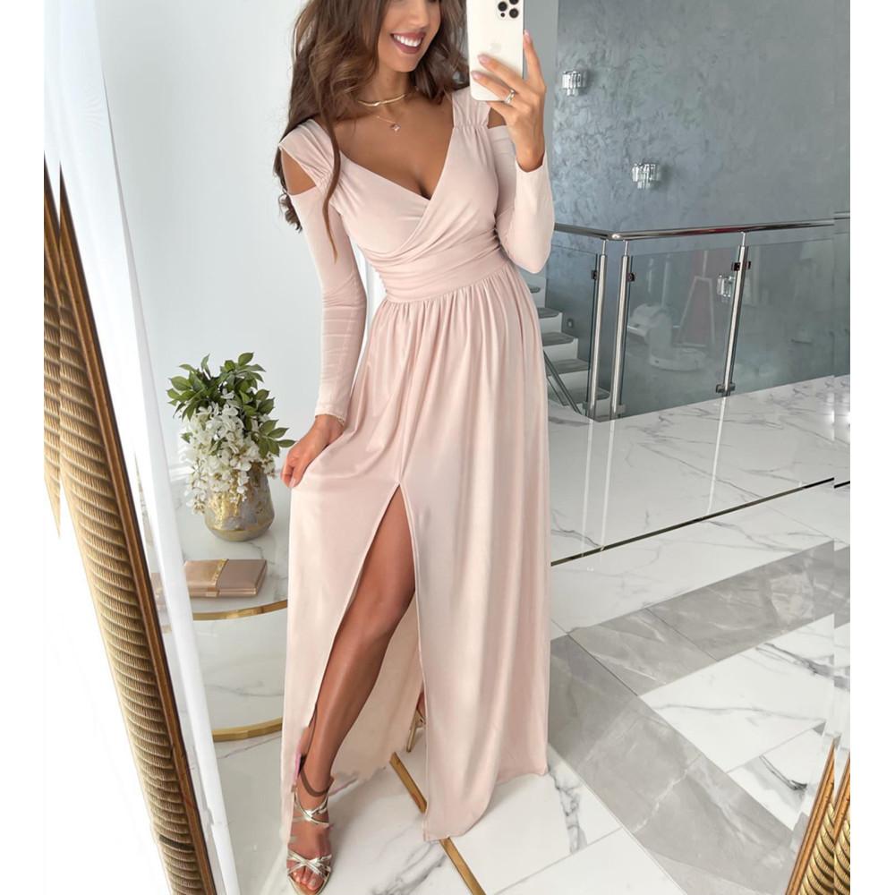 Women's Long Sleeve V Neck Festive Evening Dress with Long Slit
