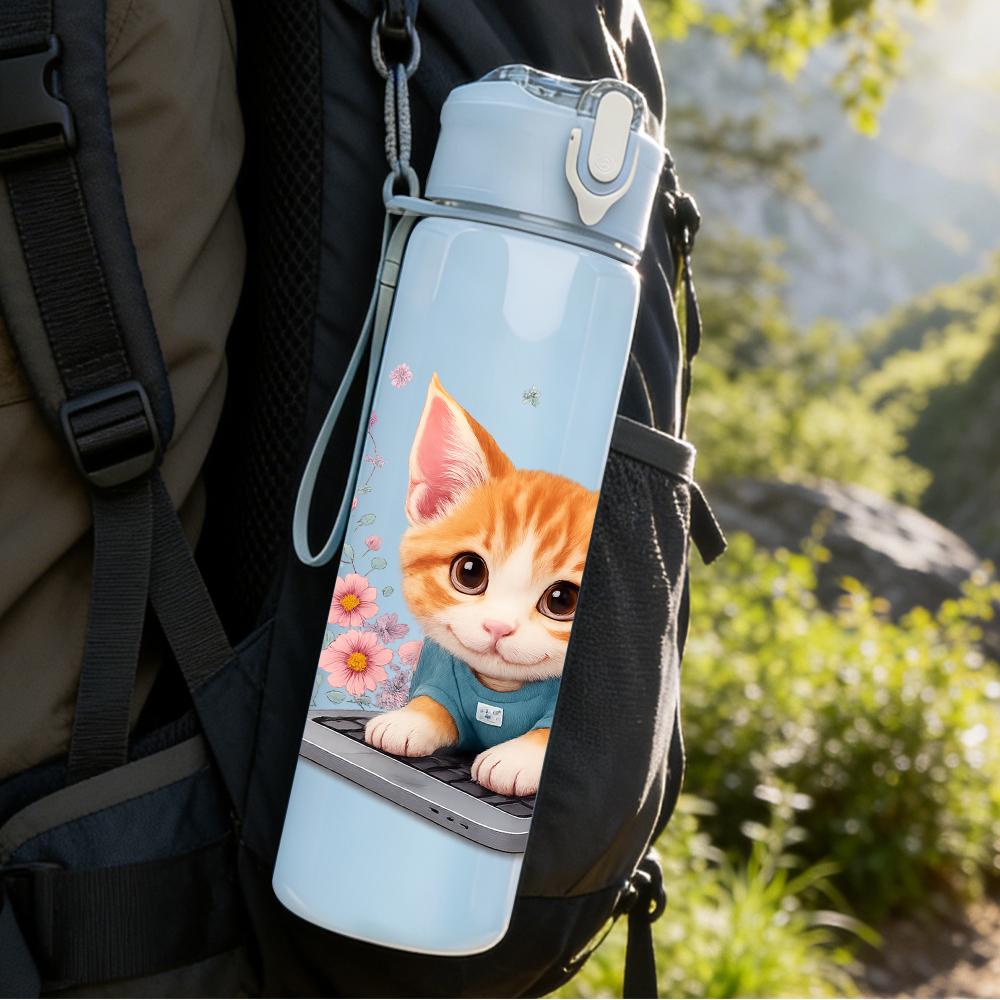 1PC Floral Surrounded Kitten 750ml Color Plastic Sports Water Bottle Leakproof Flip Straw Lid For Sports Office Home Use