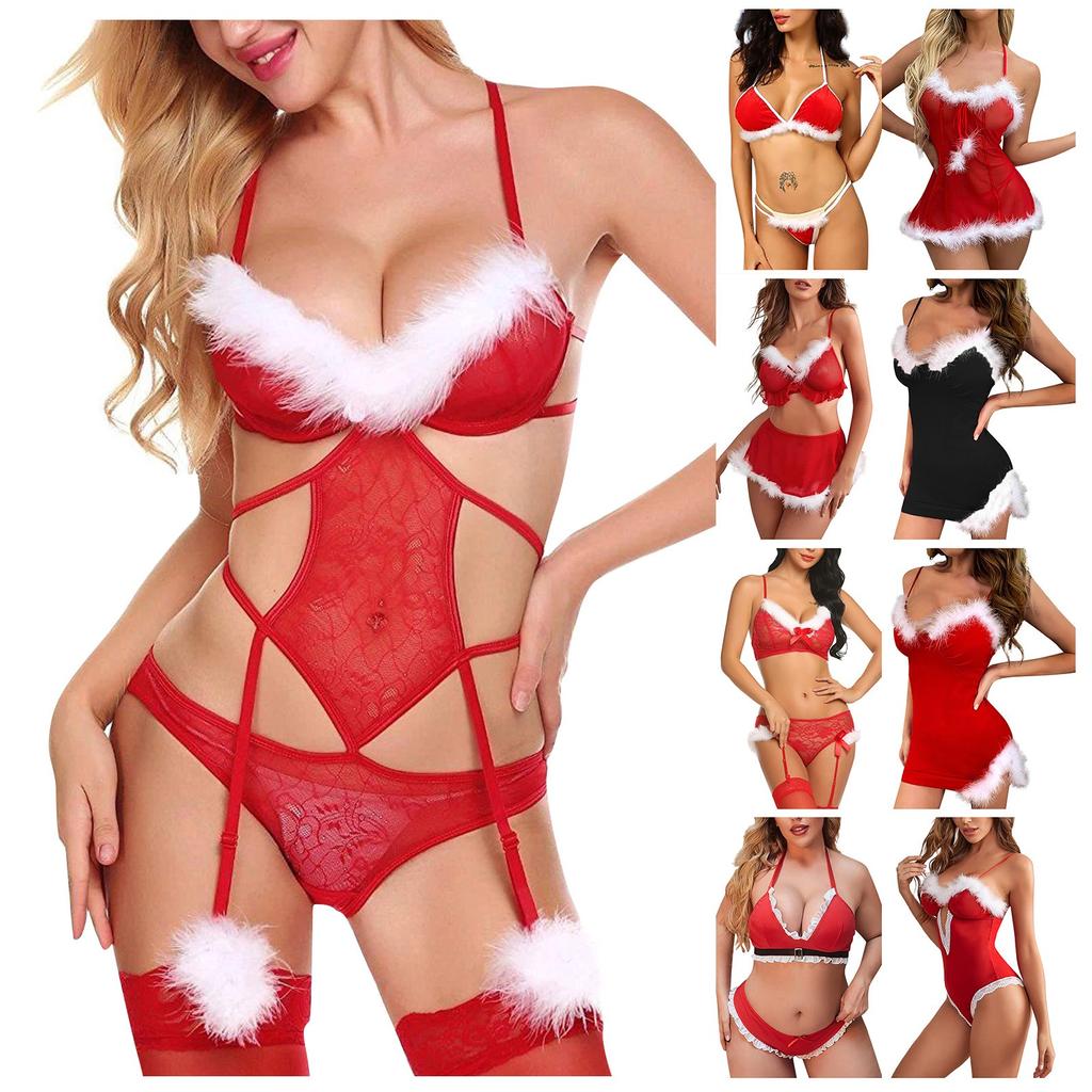 Women's Sexy Lingerie Christmas Dress Lace Plush Sexy One-piece Nightdress Set